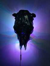 Load image into Gallery viewer, Large genuine cow skull backlit & painted with black/chameleon resin by me