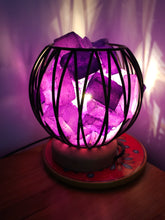 Load image into Gallery viewer, STUNNING DYED CLEAR QUARTZ IN AMETHYST COLOUR TONES CRYSTAL  CAGE LAMP