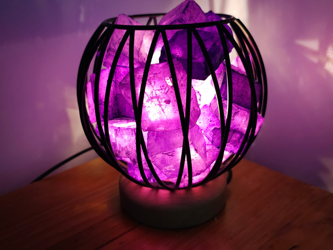 STUNNING DYED CLEAR QUARTZ IN AMETHYST COLOUR TONES CRYSTAL  CAGE LAMP
