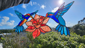 STAINED GLASS HUMMINGBIRD FLOWER PANEL