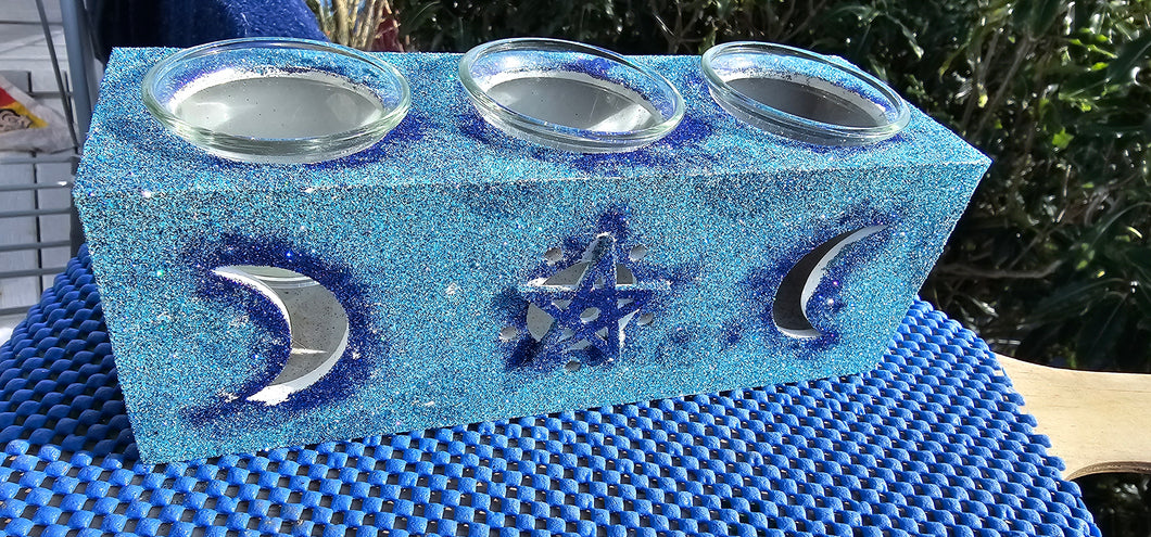 BLUE GLITTER TRIPLE MOON  T LIGHT CANDLE HOLDER