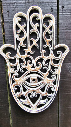 WHITEWASH WOOD HAMSA WALL ART