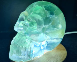 CRYSTAL RESIN SKULL MADE BY ME green flourite green calcite crystals