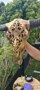 METALLIC GOLD CARVED BULL SKULL-painted gold by me 1 only