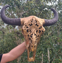 Load image into Gallery viewer, METALLIC GOLD CARVED BULL SKULL-painted gold by me 1 only