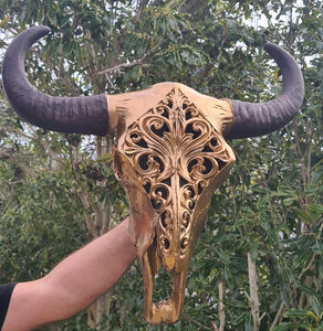 METALLIC GOLD CARVED BULL SKULL-painted gold by me 1 only