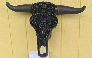 GLOSS BLACK LARGE  CARVED BULL HEAD(painted by me)