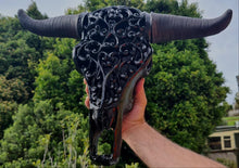 Load image into Gallery viewer, GLOSS BLACK LARGE  CARVED BULL HEAD(painted by me)