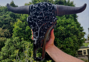 GLOSS BLACK LARGE  CARVED BULL HEAD(painted by me)