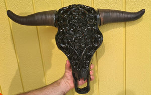 GLOSS BLACK LARGE  CARVED BULL HEAD(painted by me)